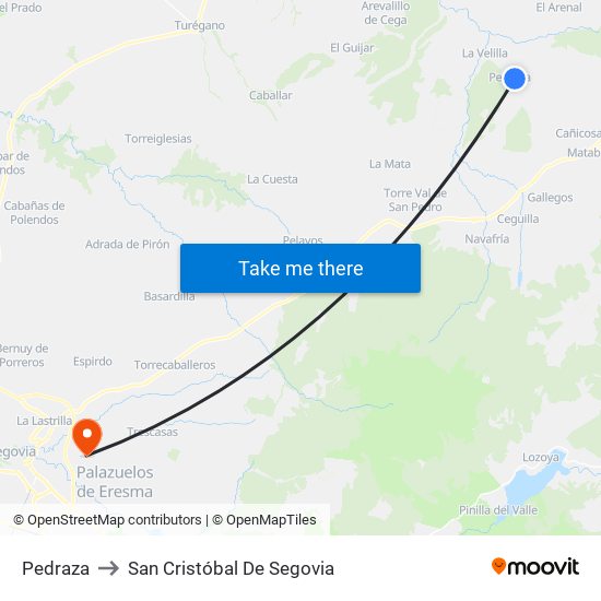 Pedraza to San Cristóbal De Segovia map