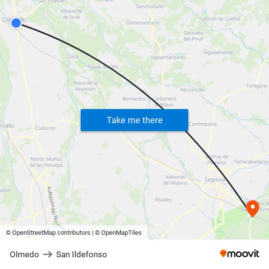 Olmedo to San Ildefonso map