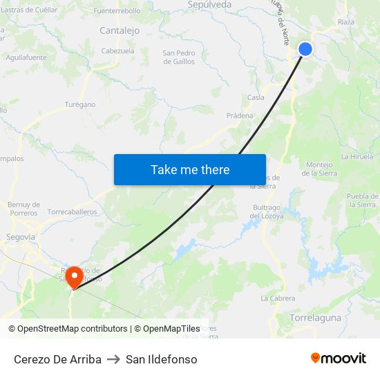 Cerezo De Arriba to San Ildefonso map