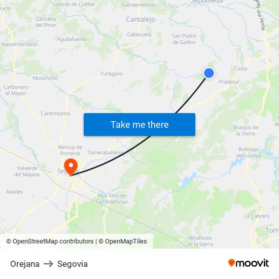 Orejana to Segovia map