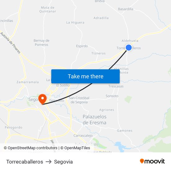 Torrecaballeros to Segovia map