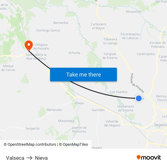 Valseca to Nieva map