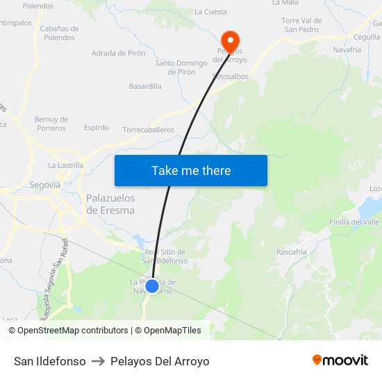San Ildefonso to Pelayos Del Arroyo map