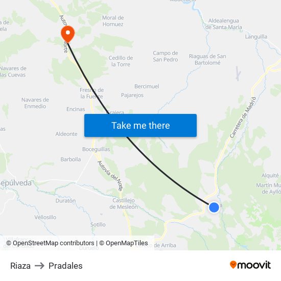 Riaza to Pradales map