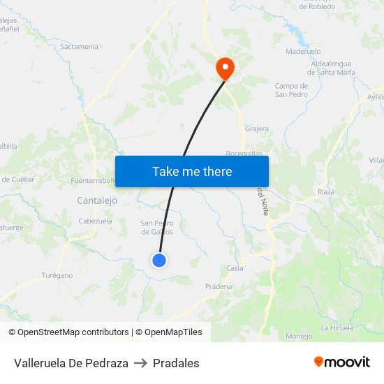 Valleruela De Pedraza to Pradales map