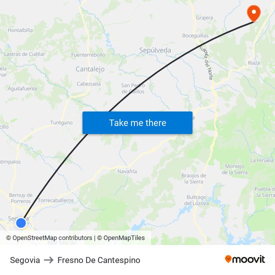 Segovia to Fresno De Cantespino map