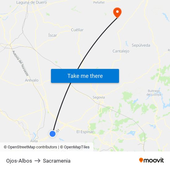 Ojos-Albos to Sacramenia map