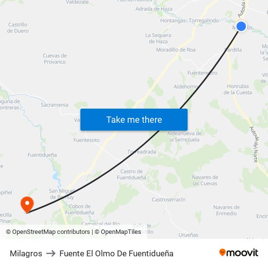 Milagros to Fuente El Olmo De Fuentidueña map