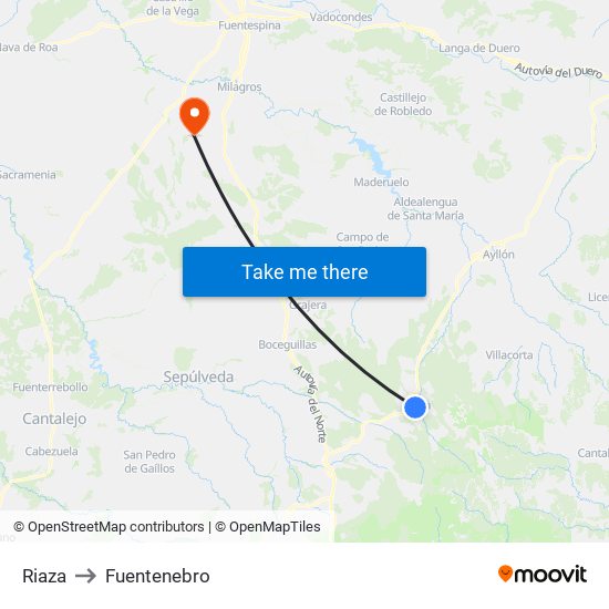 Riaza to Fuentenebro map