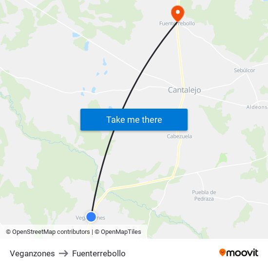 Veganzones to Fuenterrebollo map