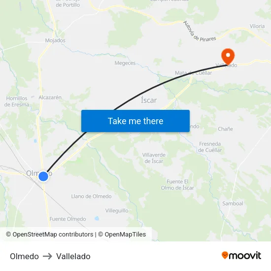 Olmedo to Vallelado map