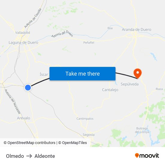Olmedo to Aldeonte map