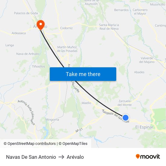 Navas De San Antonio to Arévalo map