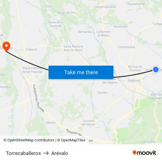 Torrecaballeros to Arévalo map