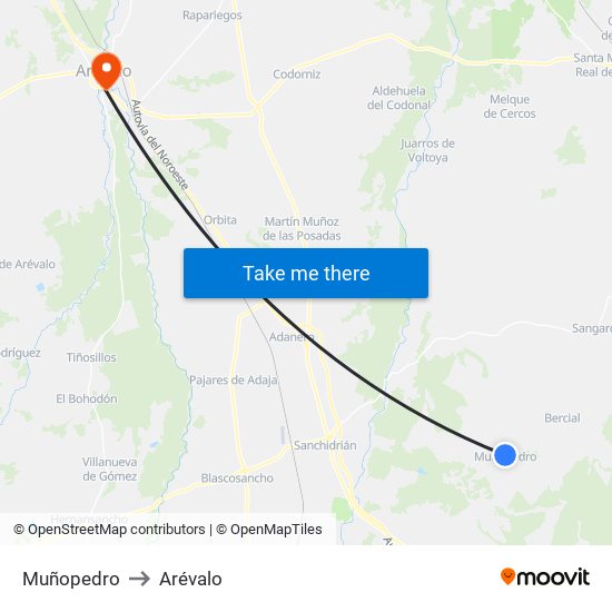 Muñopedro to Arévalo map