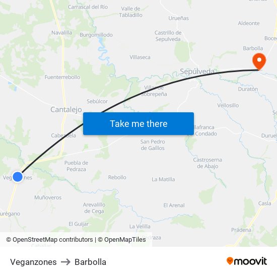 Veganzones to Barbolla map