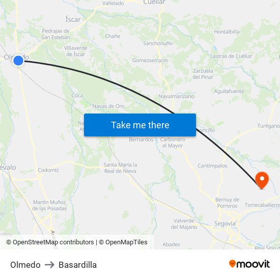 Olmedo to Basardilla map