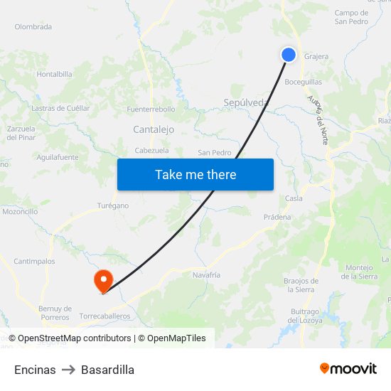 Encinas to Basardilla map