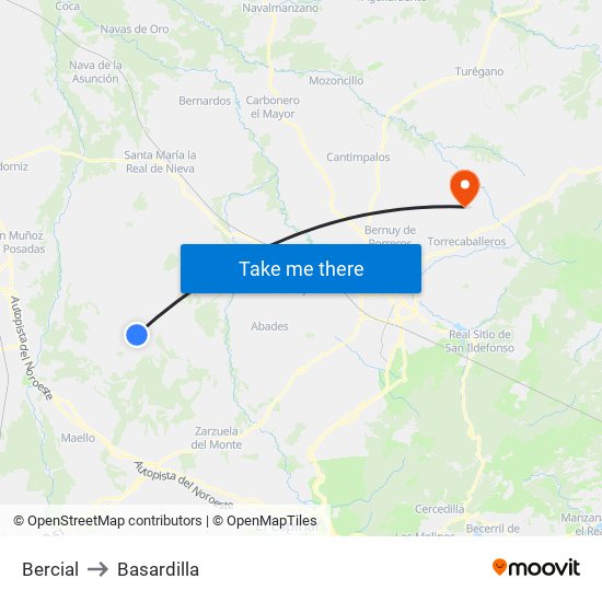 Bercial to Basardilla map