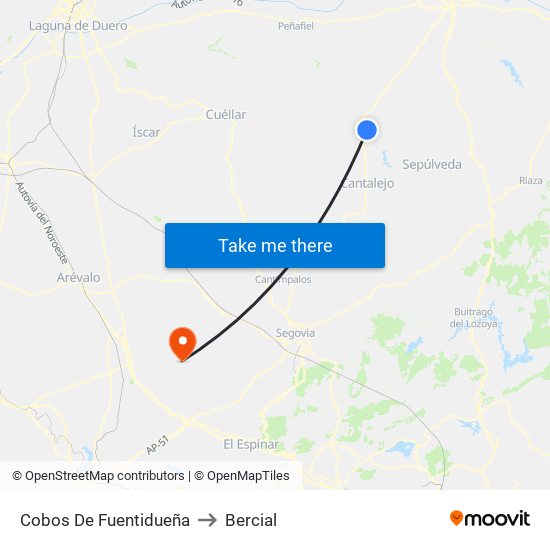 Cobos De Fuentidueña to Bercial map