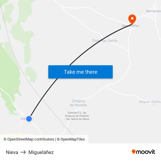 Nieva to Migueláñez map
