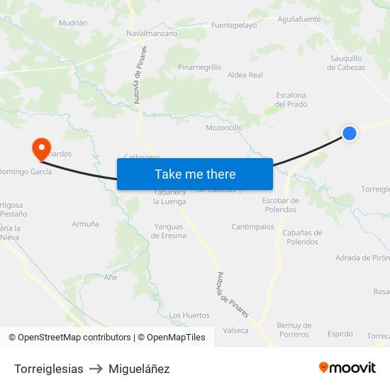 Torreiglesias to Migueláñez map