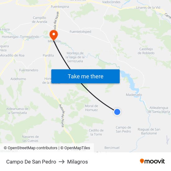 Campo De San Pedro to Milagros map