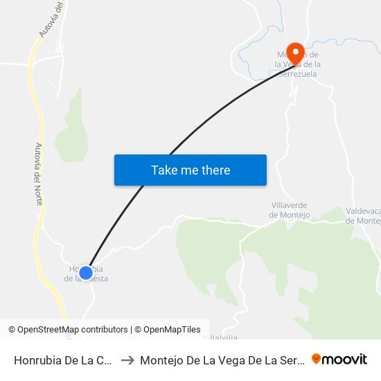 Honrubia De La Cuesta to Montejo De La Vega De La Serrezuela map