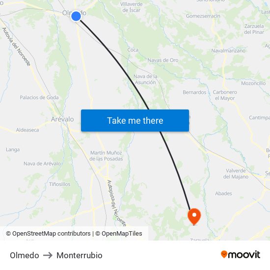 Olmedo to Monterrubio map