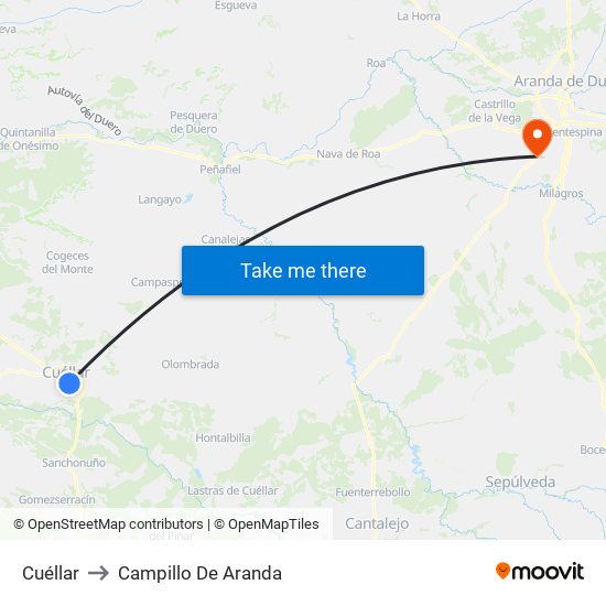 Cuéllar to Campillo De Aranda map