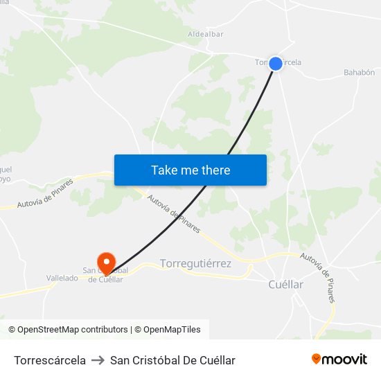 Torrescárcela to San Cristóbal De Cuéllar map