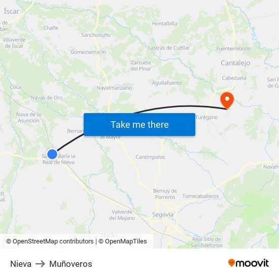 Nieva to Muñoveros map