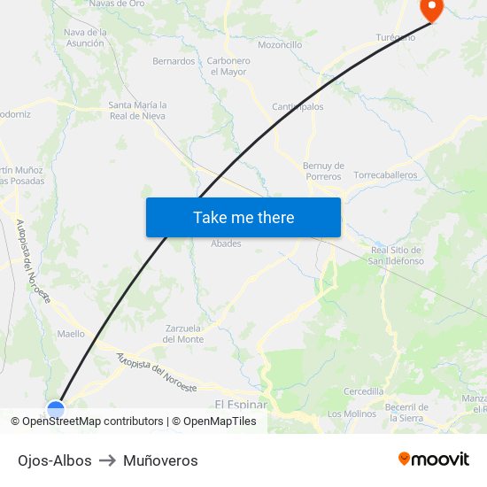 Ojos-Albos to Muñoveros map