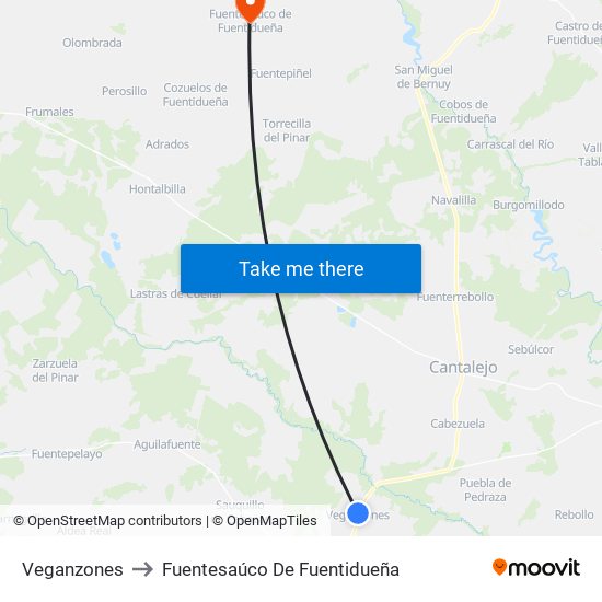 Veganzones to Fuentesaúco De Fuentidueña map