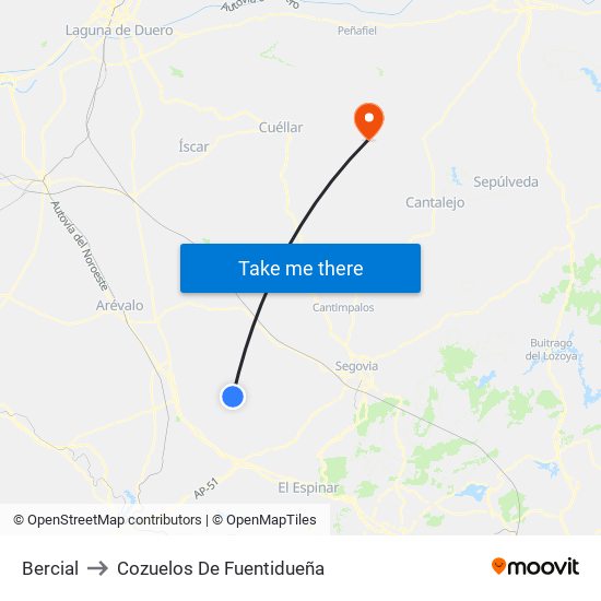 Bercial to Cozuelos De Fuentidueña map