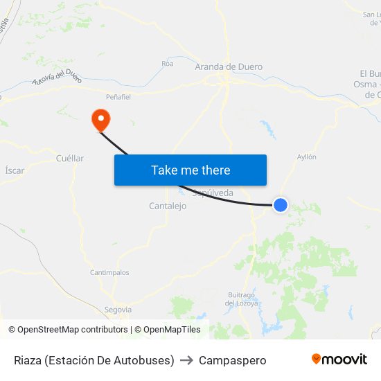 Riaza (Estación De Autobuses) to Campaspero map
