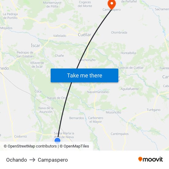 Ochando to Campaspero map