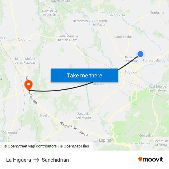 La Higuera to Sanchidrián map
