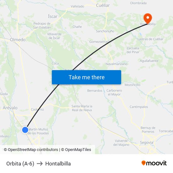 Orbita (A-6) to Hontalbilla map
