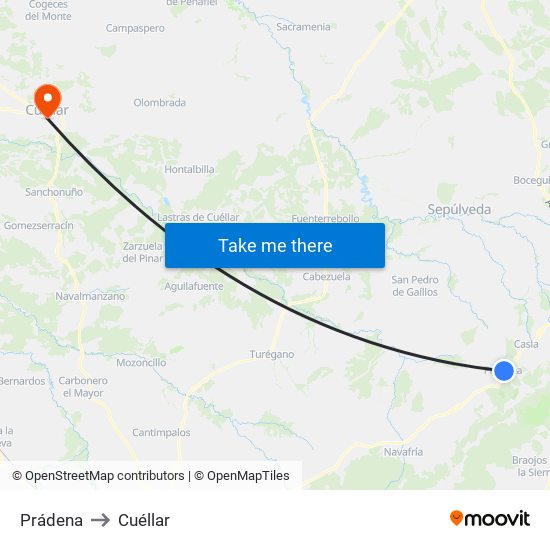 Prádena to Cuéllar map