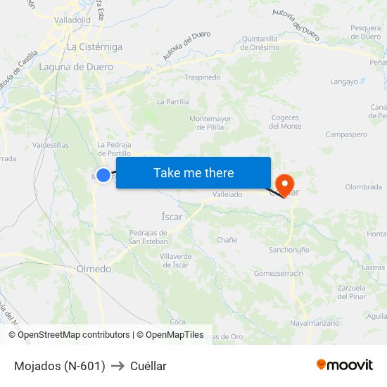 Mojados (N-601) to Cuéllar map