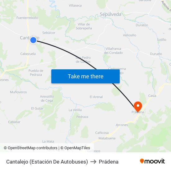 Cantalejo (Estación De Autobuses) to Prádena map