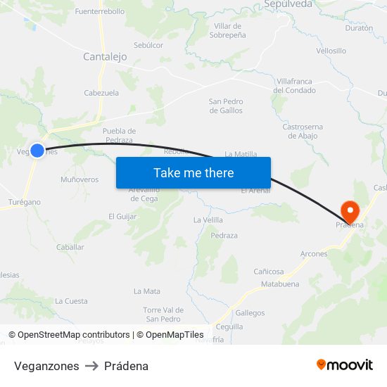 Veganzones to Prádena map