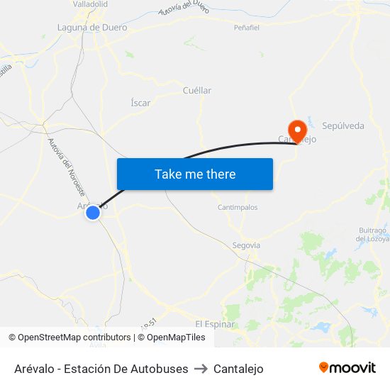 Arévalo - Estación De Autobuses to Cantalejo map