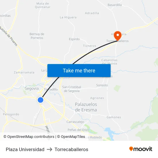 Plaza Universidad to Torrecaballeros map