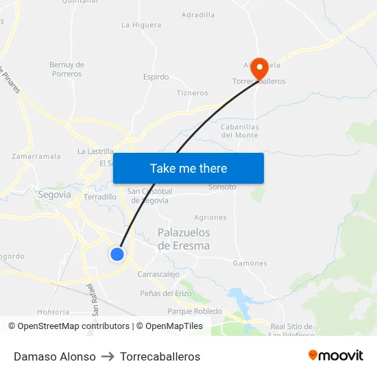 Damaso Alonso to Torrecaballeros map