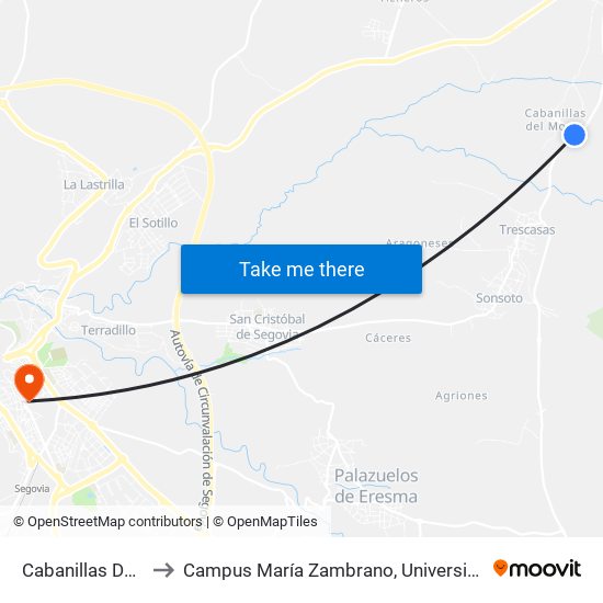 Cabanillas Del Monte to Campus María Zambrano, Universidad De Valladolid map