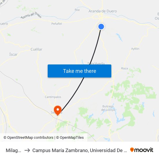 Milagros to Campus María Zambrano, Universidad De Valladolid map