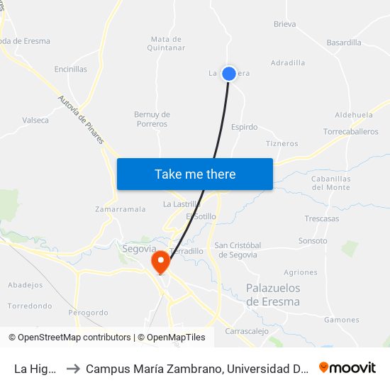 La Higuera to Campus María Zambrano, Universidad De Valladolid map