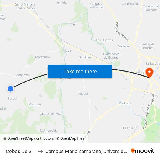 Cobos De Segovia to Campus María Zambrano, Universidad De Valladolid map